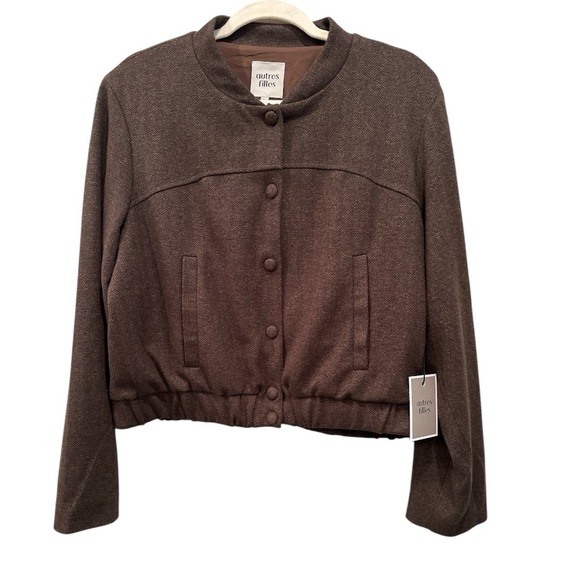 Autres Filles Jackets & Blazers - Autres Filles Brown Bomber Jacket Snaps Pockets Preppy Neutral Sz L